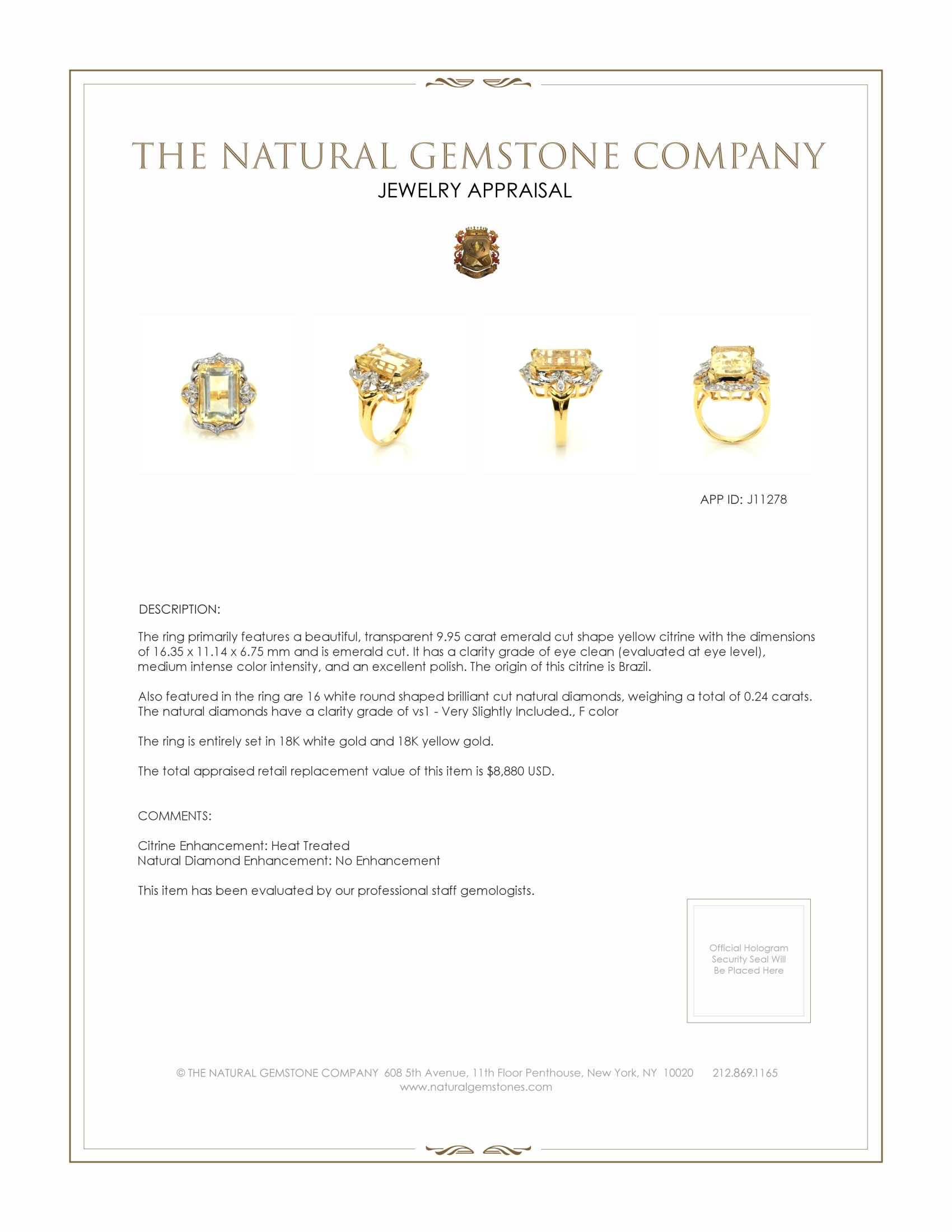 9.95 Ct. Yellow Citrine and Natural Diamond Antique Style Ring, 18K White & Yellow