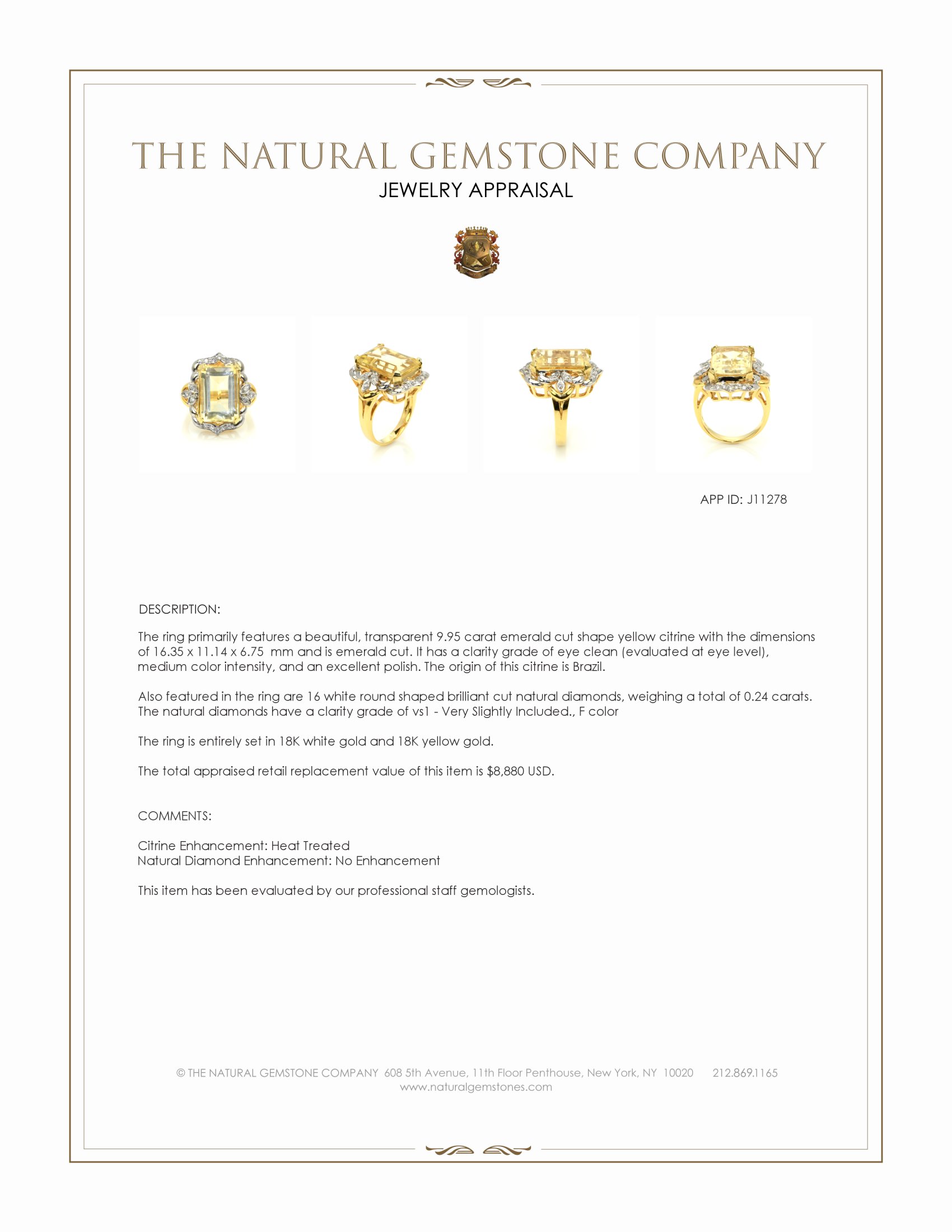 9.95 Ct. Yellow Citrine and Natural Diamond Antique Style Ring, 18K White & Yellow