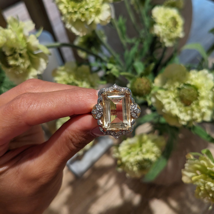 9.95 Ct. Citrine Natural Diamond Antique Style Ring, 18K White & Yellow