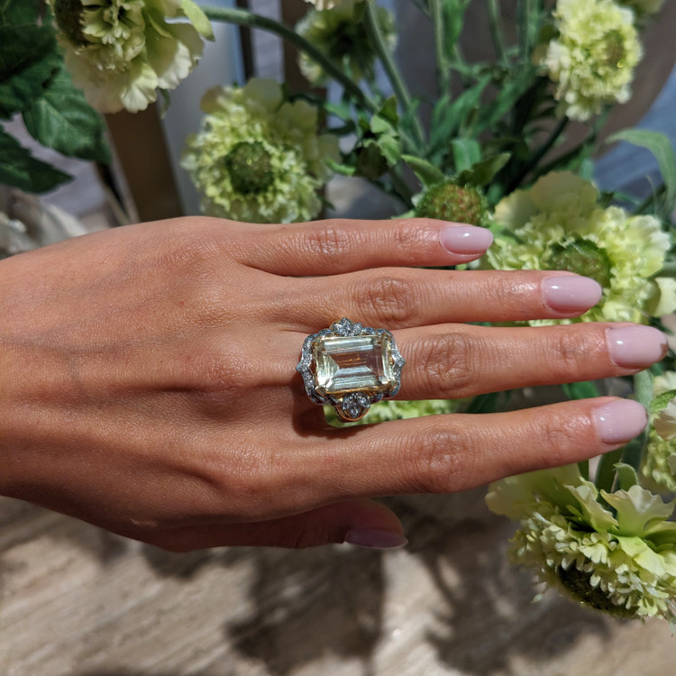 9.95 Ct. Citrine Natural Diamond Antique Style Ring, 18K White & Yellow