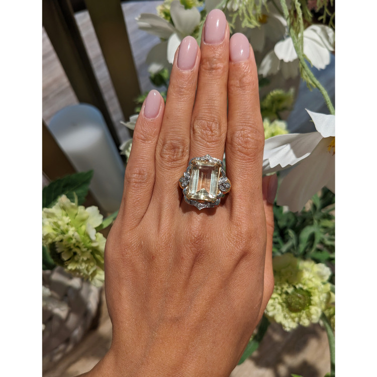 9.95 Ct. Citrine Natural Diamond Antique Style Ring, 18K White & Yellow