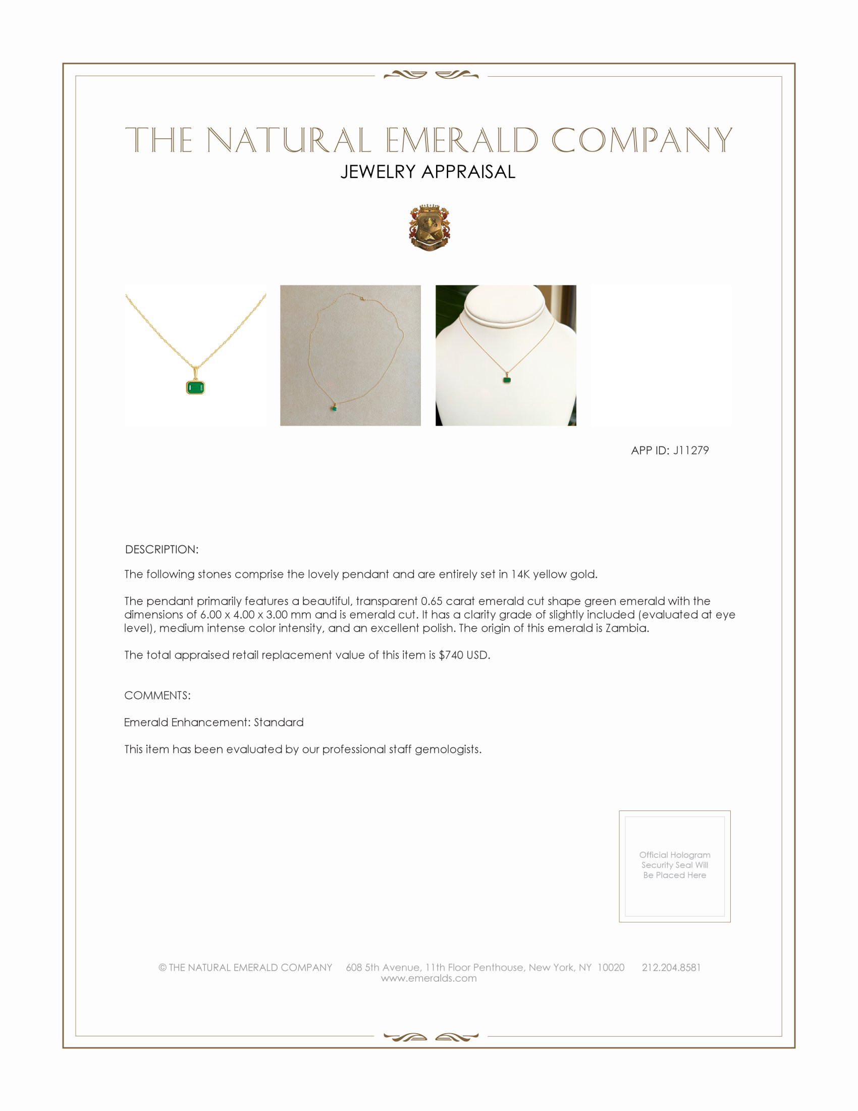 0.65 Ct. Emerald Bezel Pendant, 14K Yellow Gold