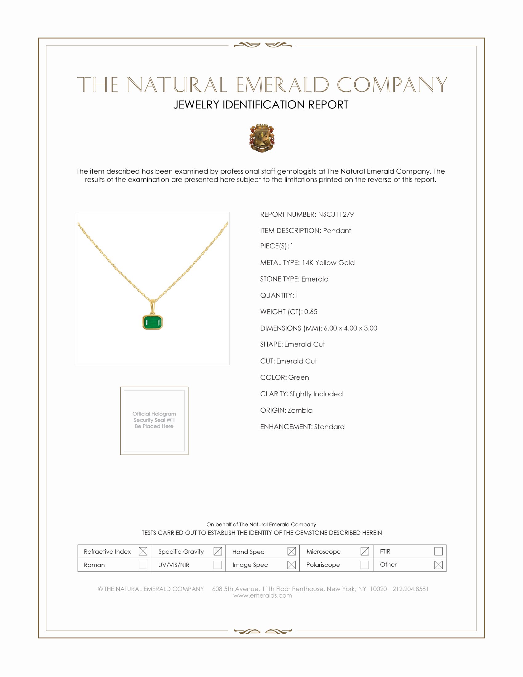 0.65 Ct. Emerald Bezel Pendant, 14K Yellow Gold