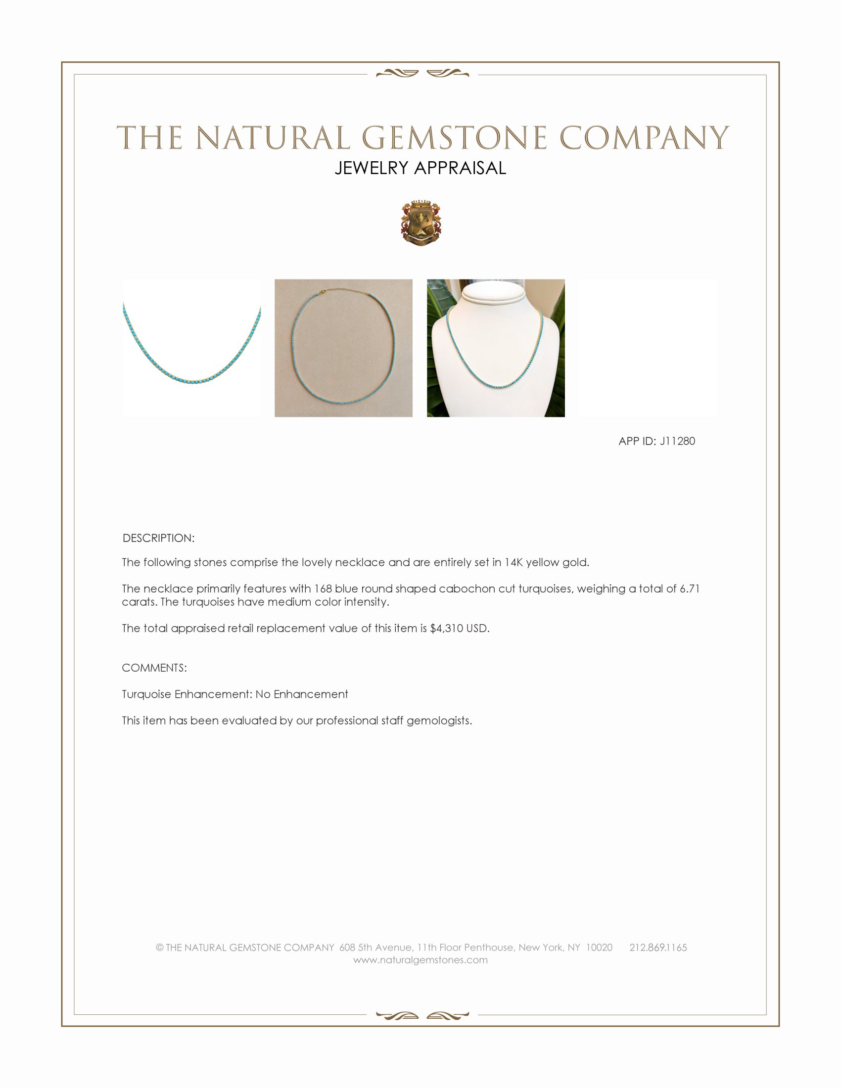 6.71 Ct. Blue Turquoise Accent Stones Necklace, 14K Yellow Gold