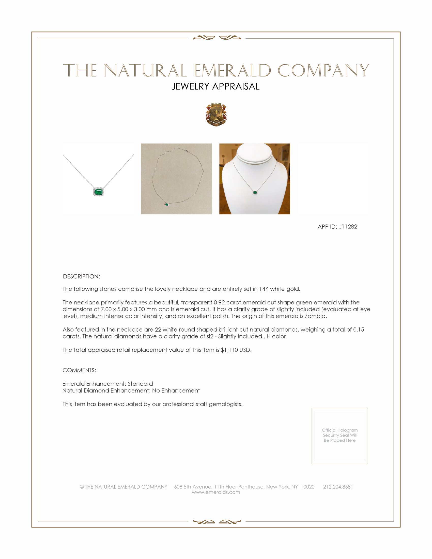 0.92 Ct. Emerald and Natural Diamond Halo Necklace, 14K White Gold