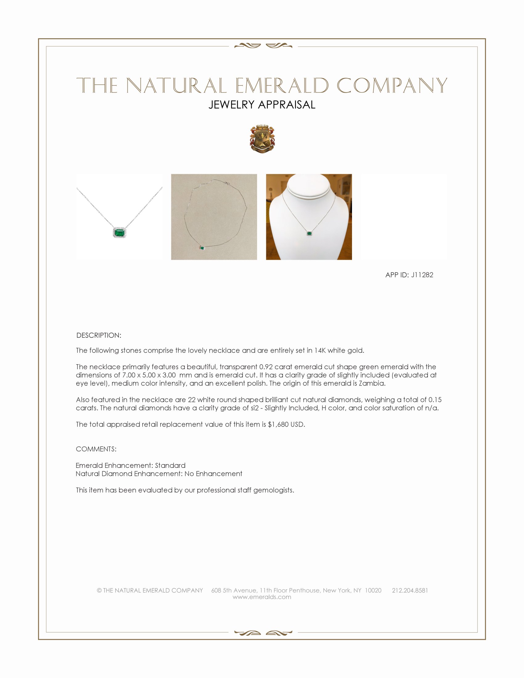 0.92 Ct. Emerald and Natural Diamond Halo Necklace, 14K White Gold