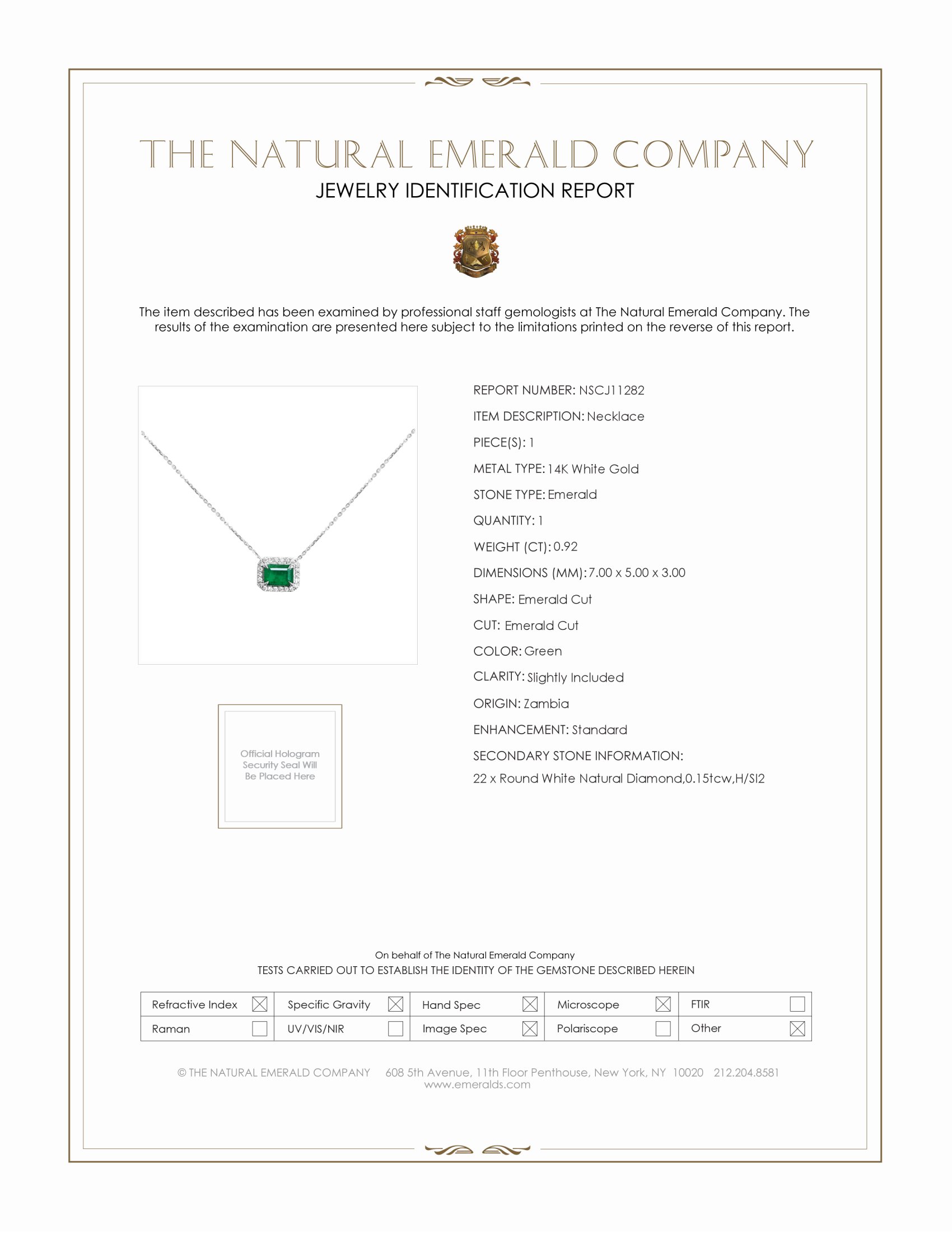 0.92 Ct. Emerald and Natural Diamond Halo Necklace, 14K White Gold