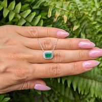 0.92 Ct. Emerald Natural Diamond Halo Necklace, 14K White Gold Life Style
