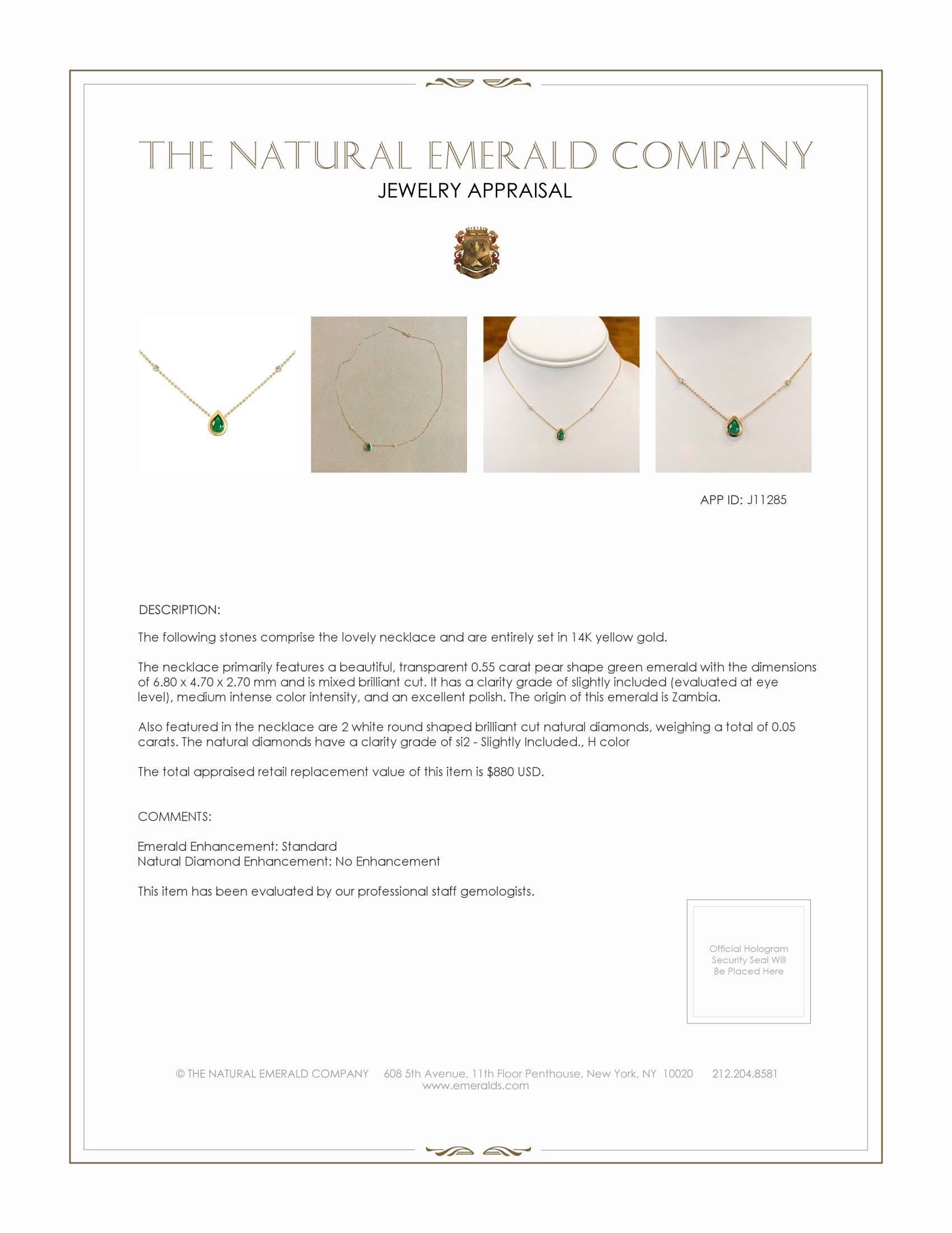 0.55 Ct. Emerald Natural Diamond Bezel Necklace, 14K Yellow Gold