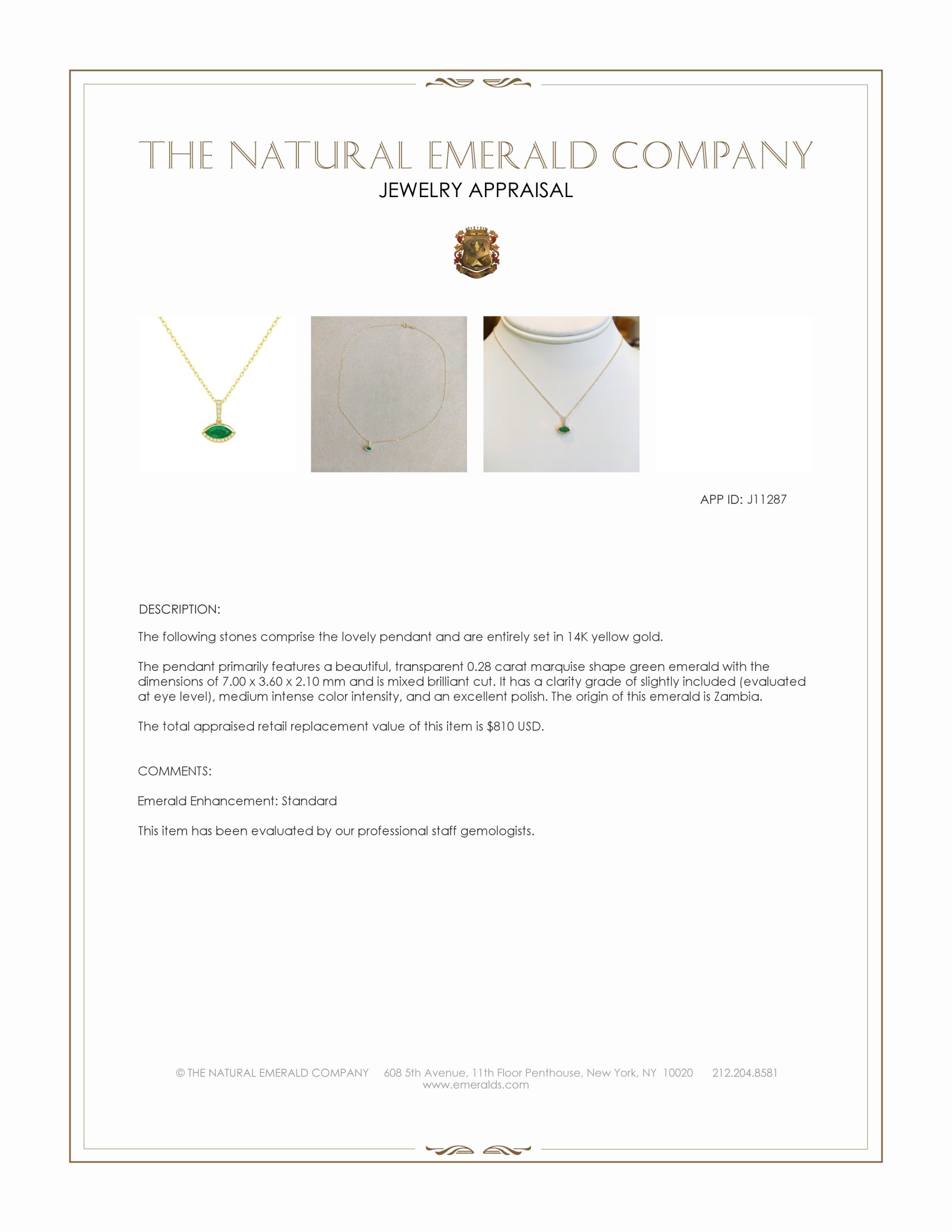 0.34 Ct. Emerald and Natural Diamond Pave Pendant, 14K Yellow Gold