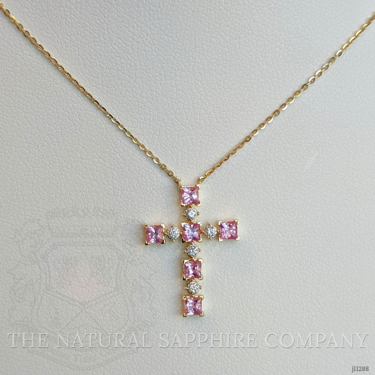 0.84 Ct. Pink Sapphire and Natural Diamond Religious Necklace, 14K Yellow Gold