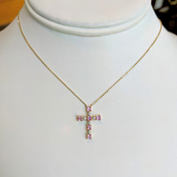 0.84 Ct. Pink Sapphire and Natural Diamond Religious Necklace, 14K Yellow Gold Image
