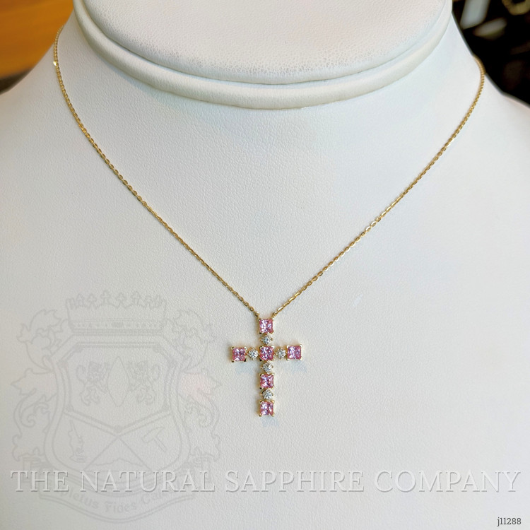 0.84 Ct. Pink Sapphire and Natural Diamond Religious Necklace, 14K Yellow Gold