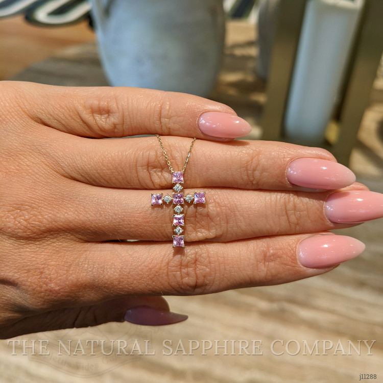 0.84 Ct. Pink Sapphire and Natural Diamond Religious Necklace, 14K Yellow Gold