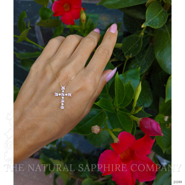 0.84 Ct. Pink Sapphire and Natural Diamond Religious Necklace, 14K Yellow Gold