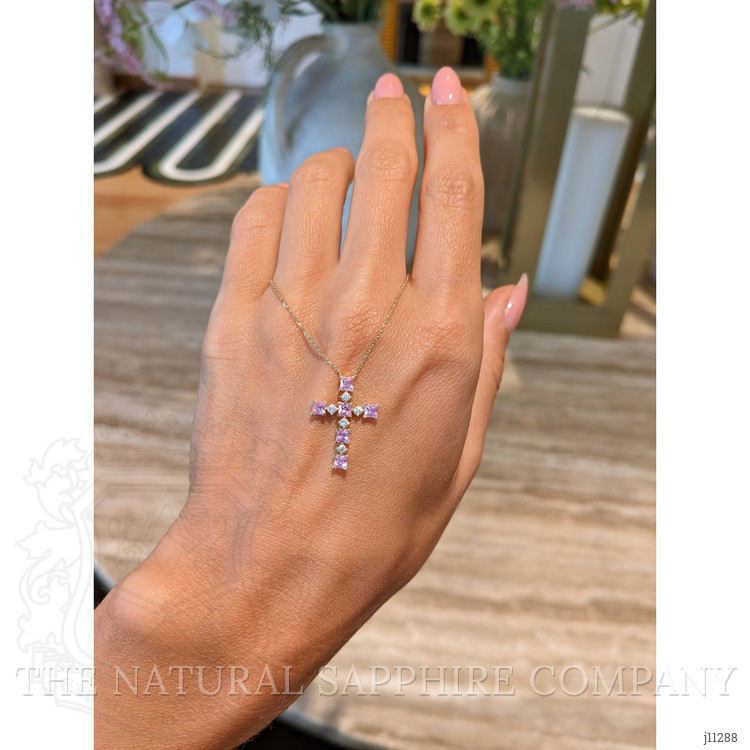 0.84 Ct. Pink Sapphire and Natural Diamond Religious Necklace, 14K Yellow Gold