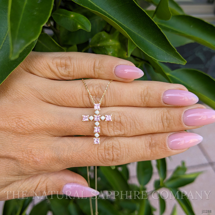 0.84 Ct. Pink Sapphire and Natural Diamond Religious Necklace, 14K Yellow Gold