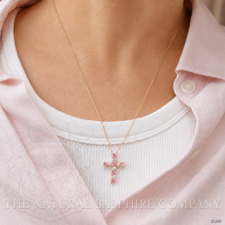 0.84 Ct. Pink Sapphire and Natural Diamond Religious Necklace, 14K Yellow Gold