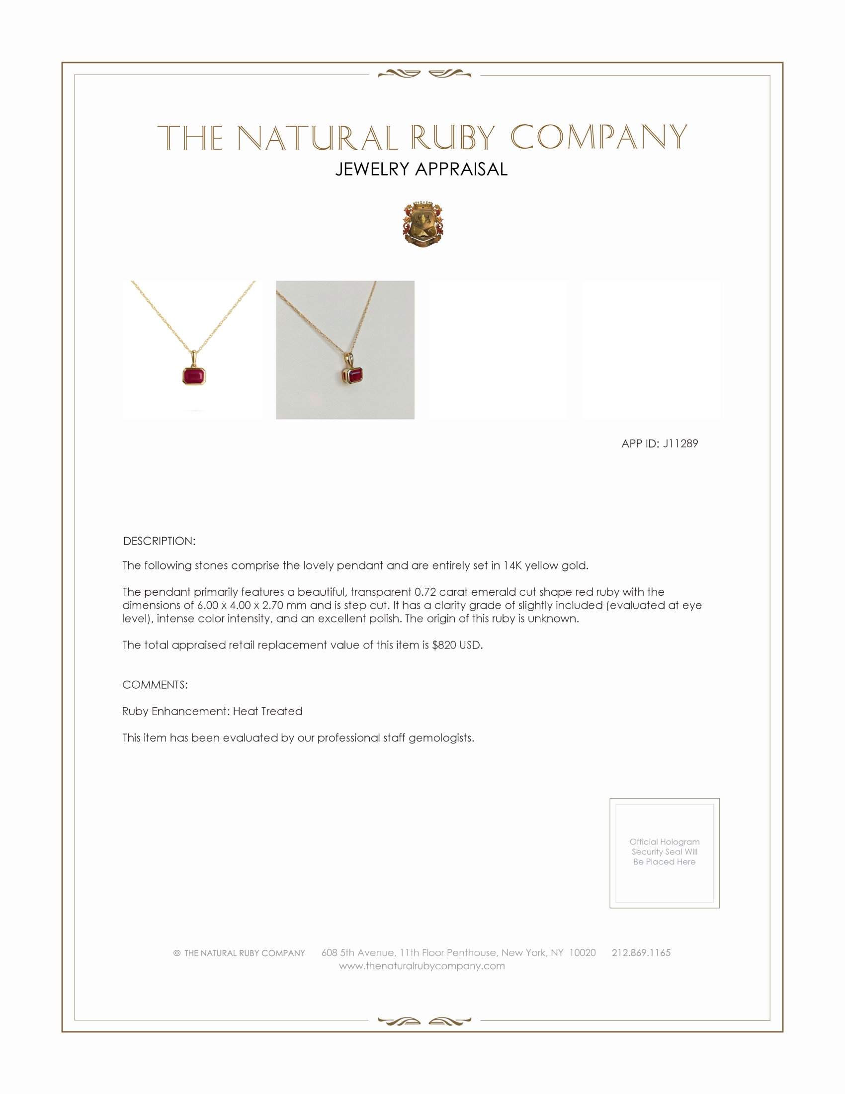 0.72 Ct. Ruby Bezel Pendant, 14K Yellow Gold