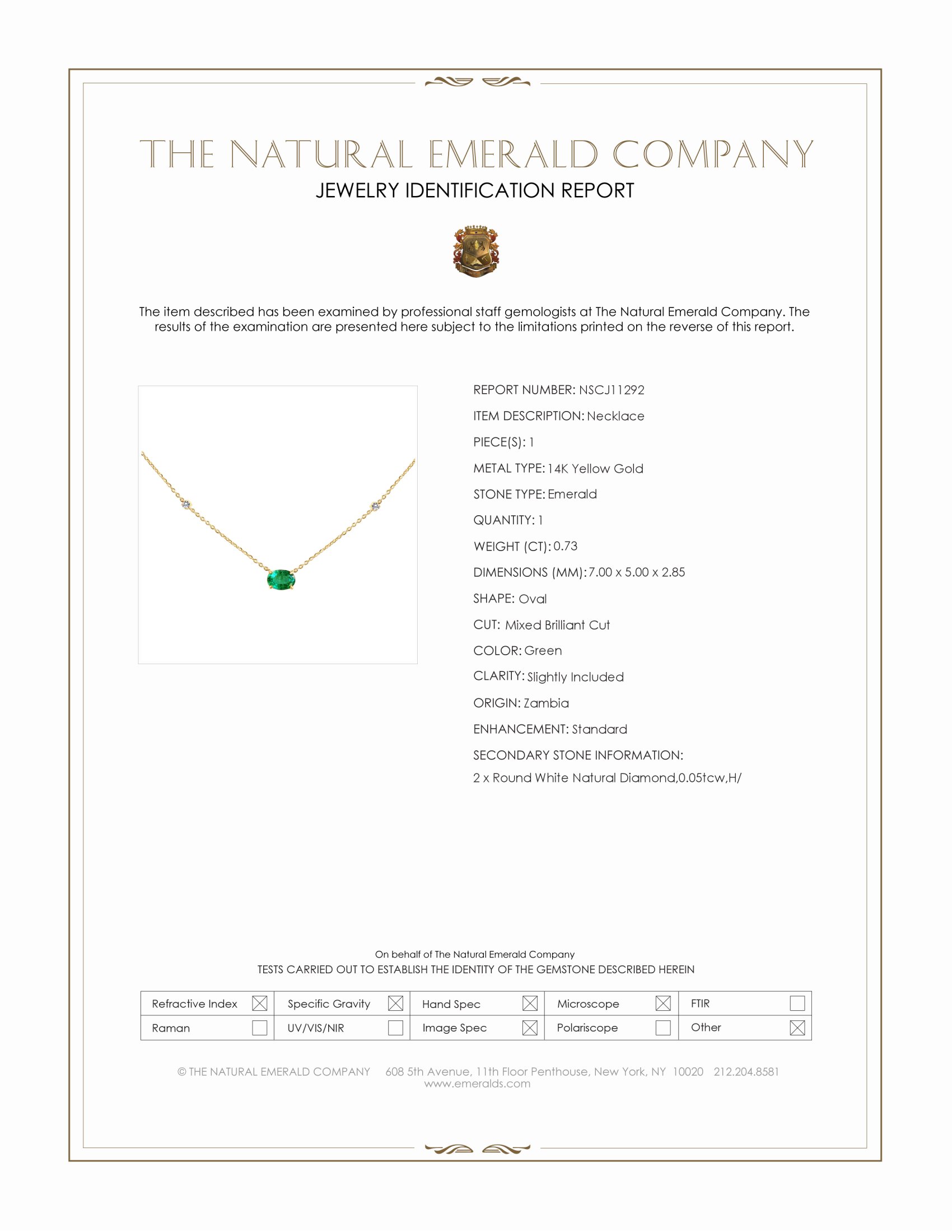 0.73 Ct. Emerald and Natural Diamond Accent Stones Necklace, 14K Yellow Gold