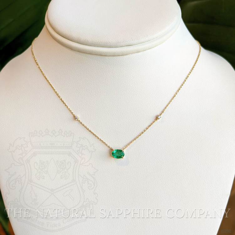 0.73 Ct. Emerald and Natural Diamond Accent Stones Necklace, 14K Yellow Gold