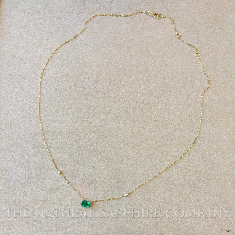 0.73 Ct. Emerald and Natural Diamond Accent Stones Necklace, 14K Yellow Gold