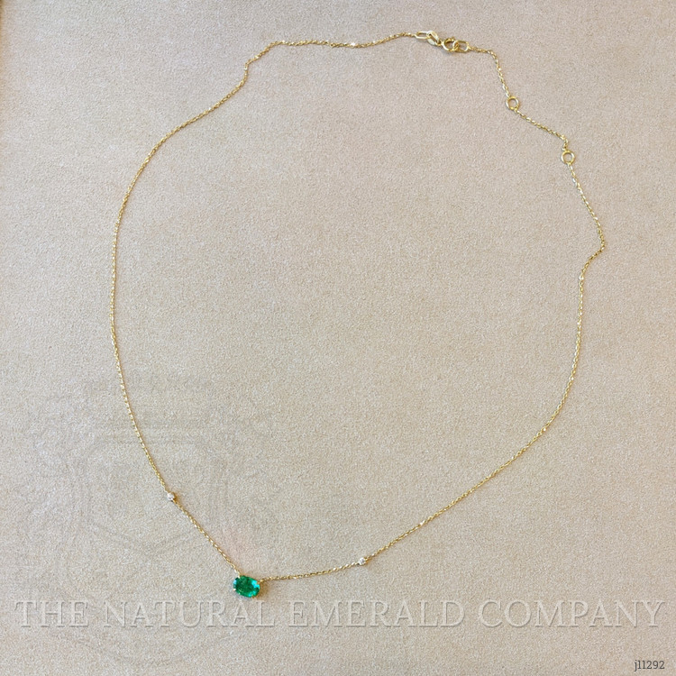 0.73 Ct. Emerald and Natural Diamond Accent Stones Necklace, 14K Yellow Gold