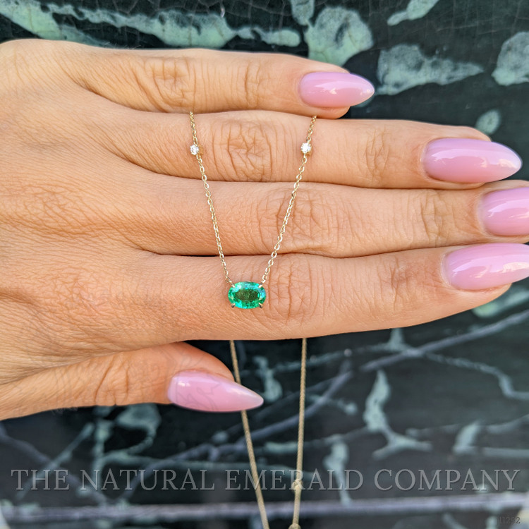 0.73 Ct. Emerald and Natural Diamond Accent Stones Necklace, 14K Yellow Gold