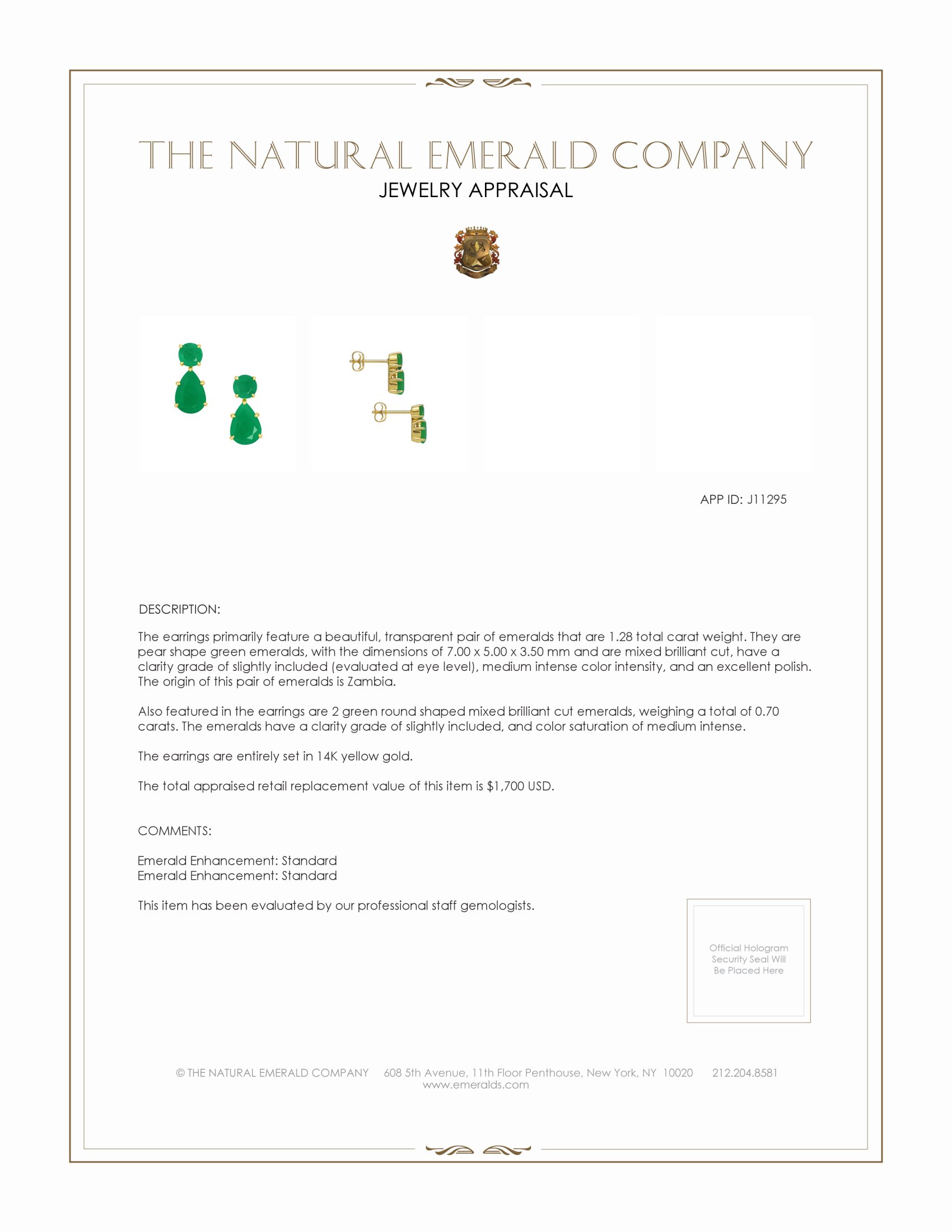 1.28 Ct.Tw. Emerald Emerald Studs Earrings, 14K Yellow Gold