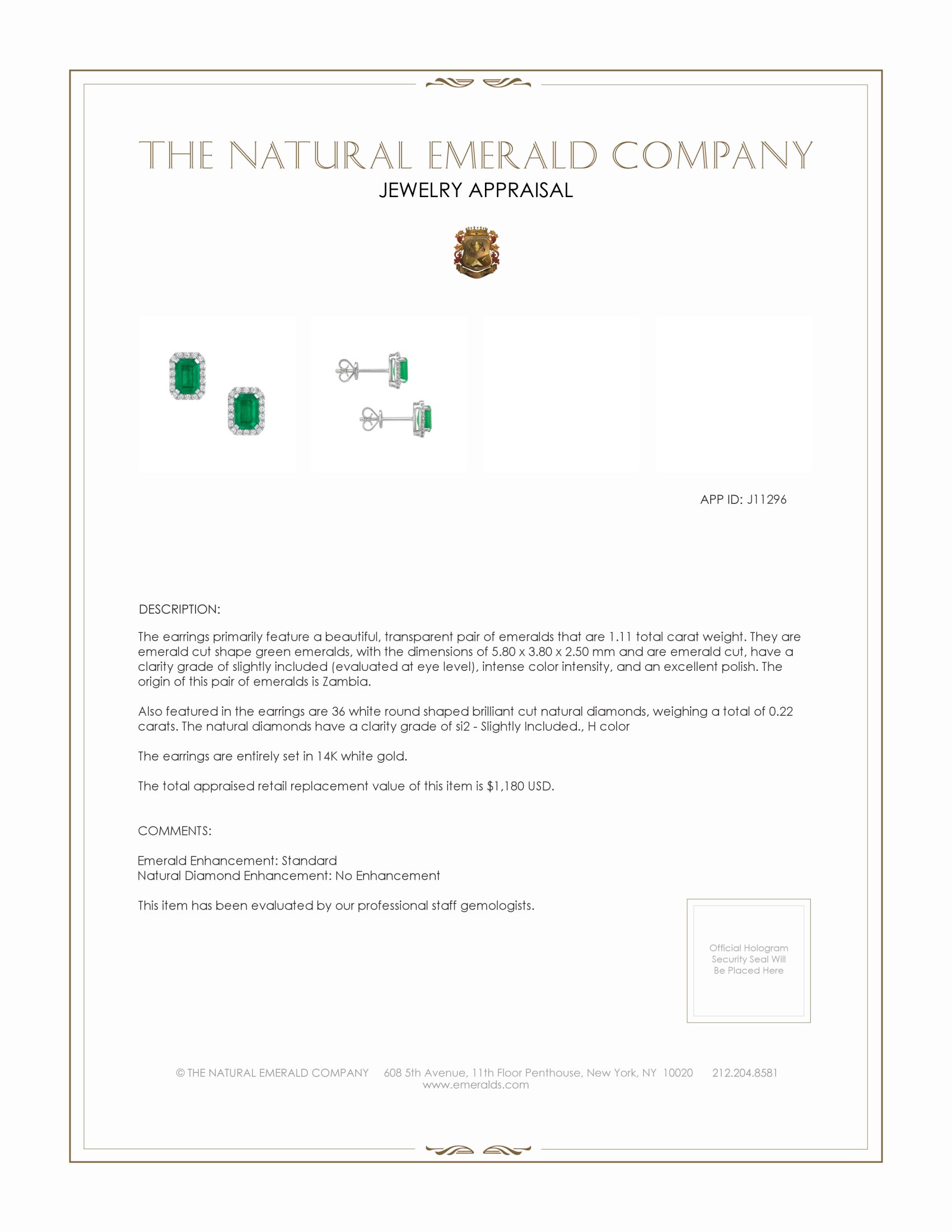 1.11 Ct.Tw. Emerald Natural Diamond Studs Earrings, 14K White Gold
