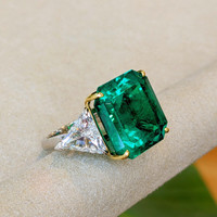 16.70 Ct. Emerald Natural Diamond Three Stone Ring, Platinum & 18K Yellow Image