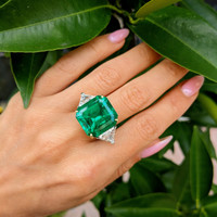 16.70 Ct. Emerald Natural Diamond Three Stone Ring, Platinum & 18K Yellow Life Style