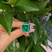 16.70 Ct. Emerald Natural Diamond Three Stone Ring, Platinum & 18K Yellow Life Style