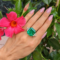 16.70 Ct. Emerald Natural Diamond Three Stone Ring, Platinum & 18K Yellow Life Style