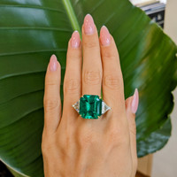 16.70 Ct. Emerald Natural Diamond Three Stone Ring, Platinum & 18K Yellow Life Style