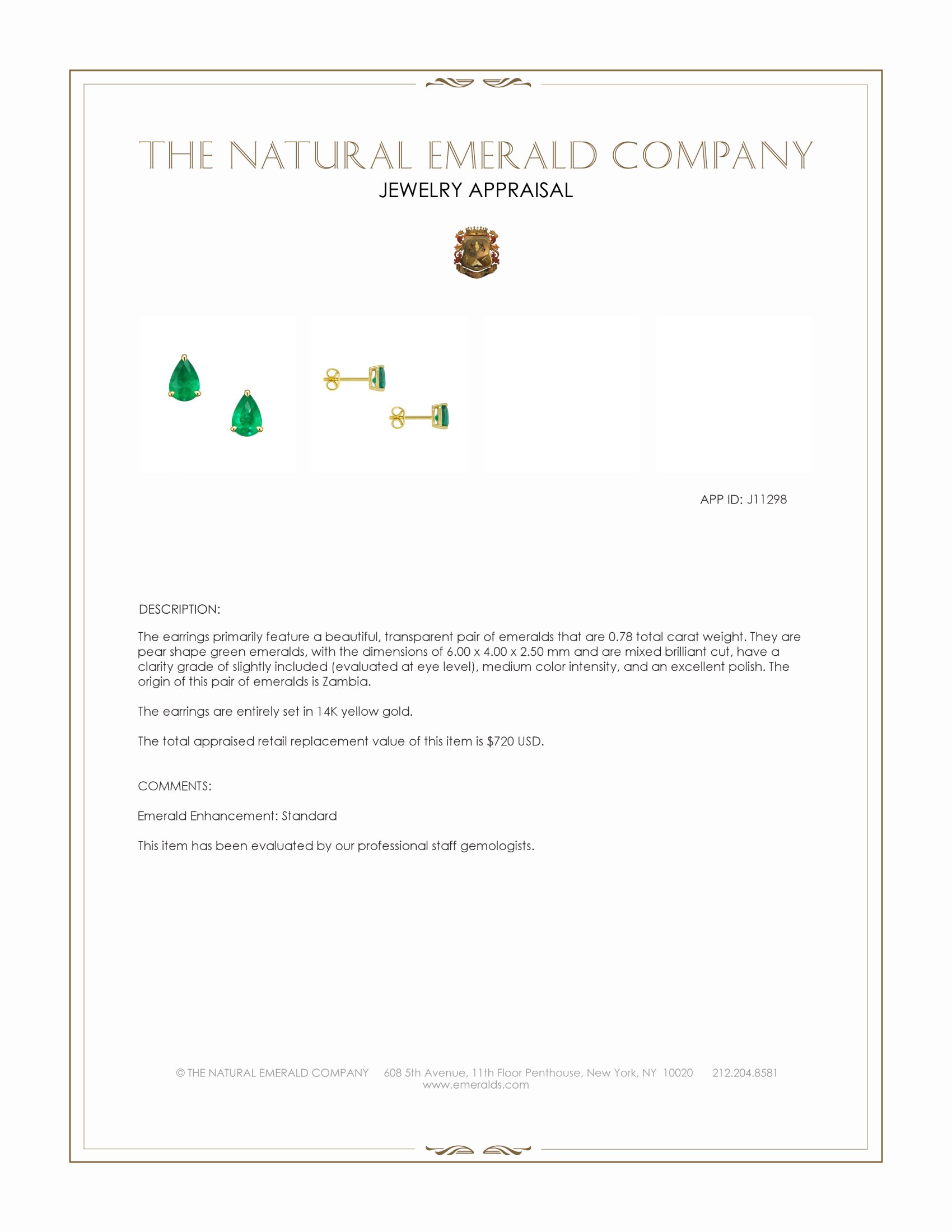 0.78 Ct.Tw. Emerald Studs Earrings, 14K Yellow Gold
