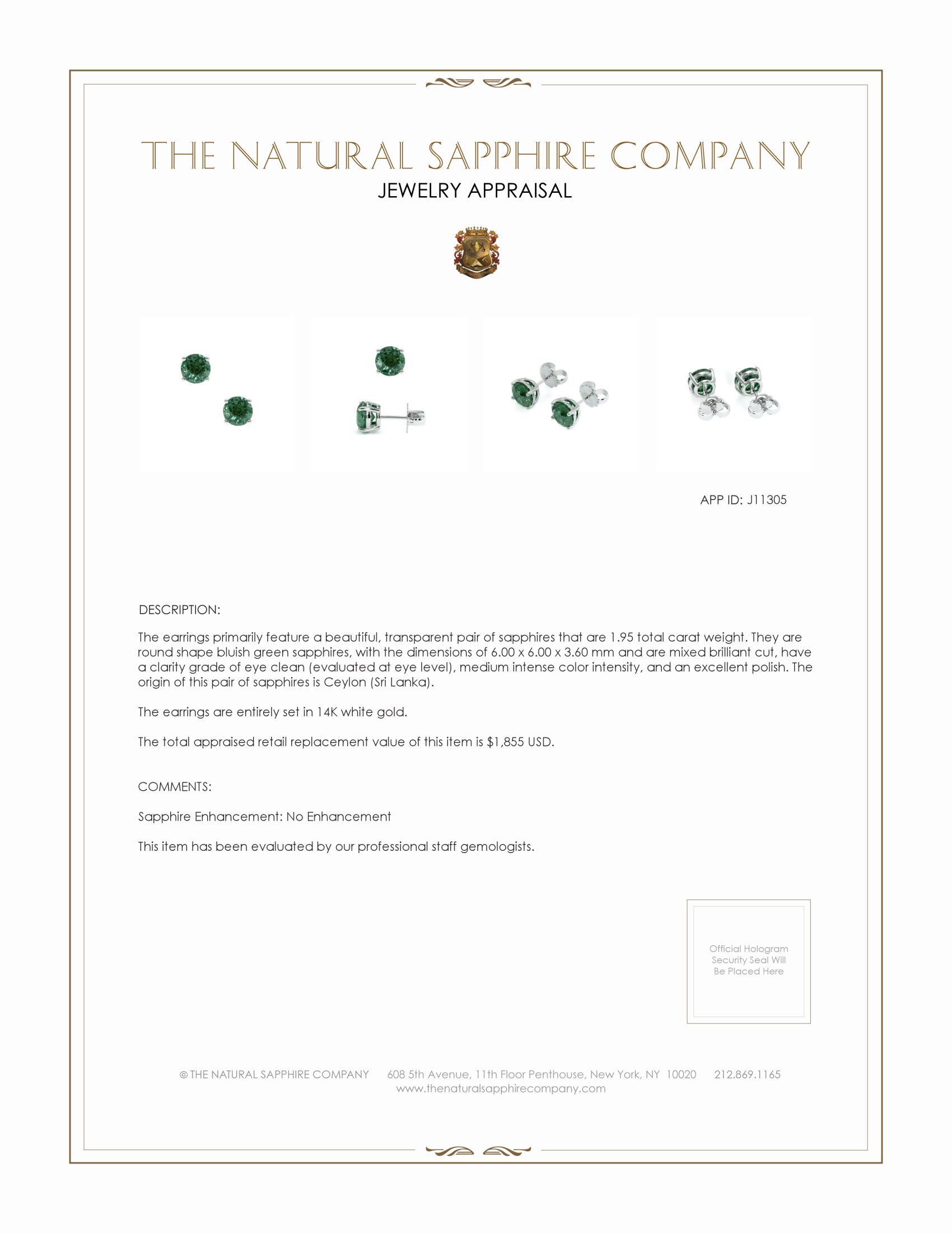 1.95 Ct.Tw. Bluish Green Sapphire Studs Earrings, 14K White Gold