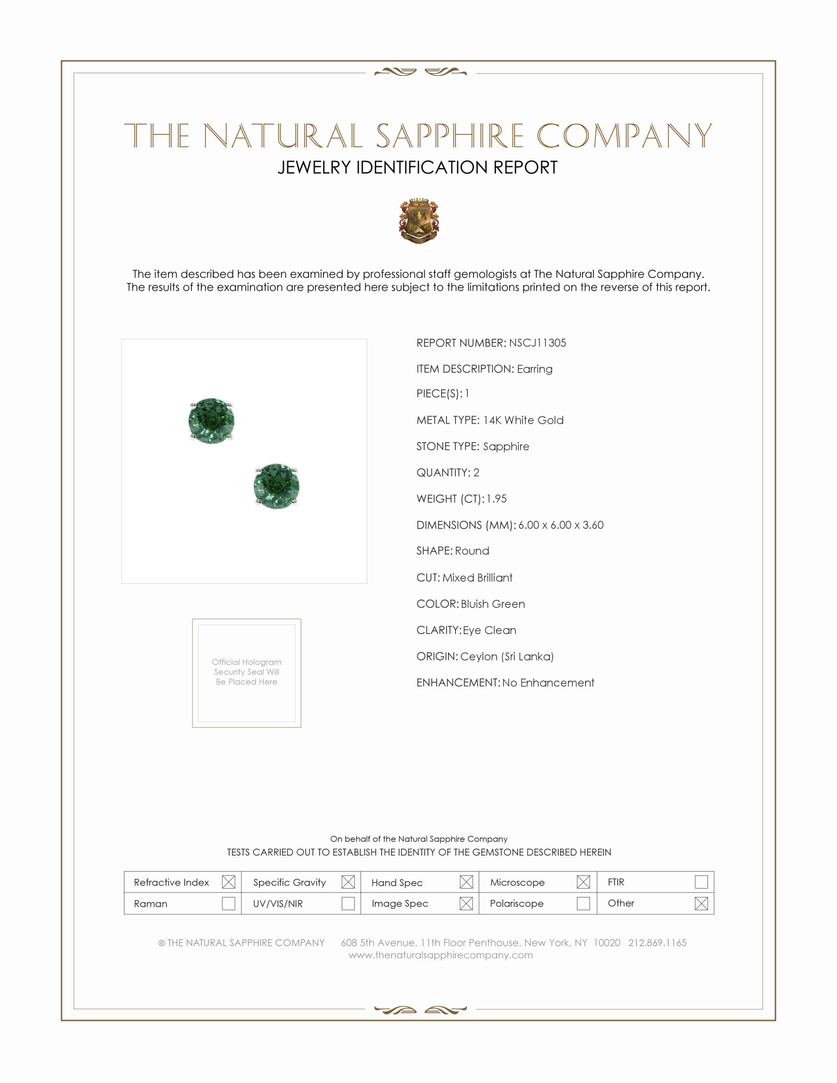 1.95 Ct.Tw. Bluish Green Sapphire Studs Earrings, 14K White Gold