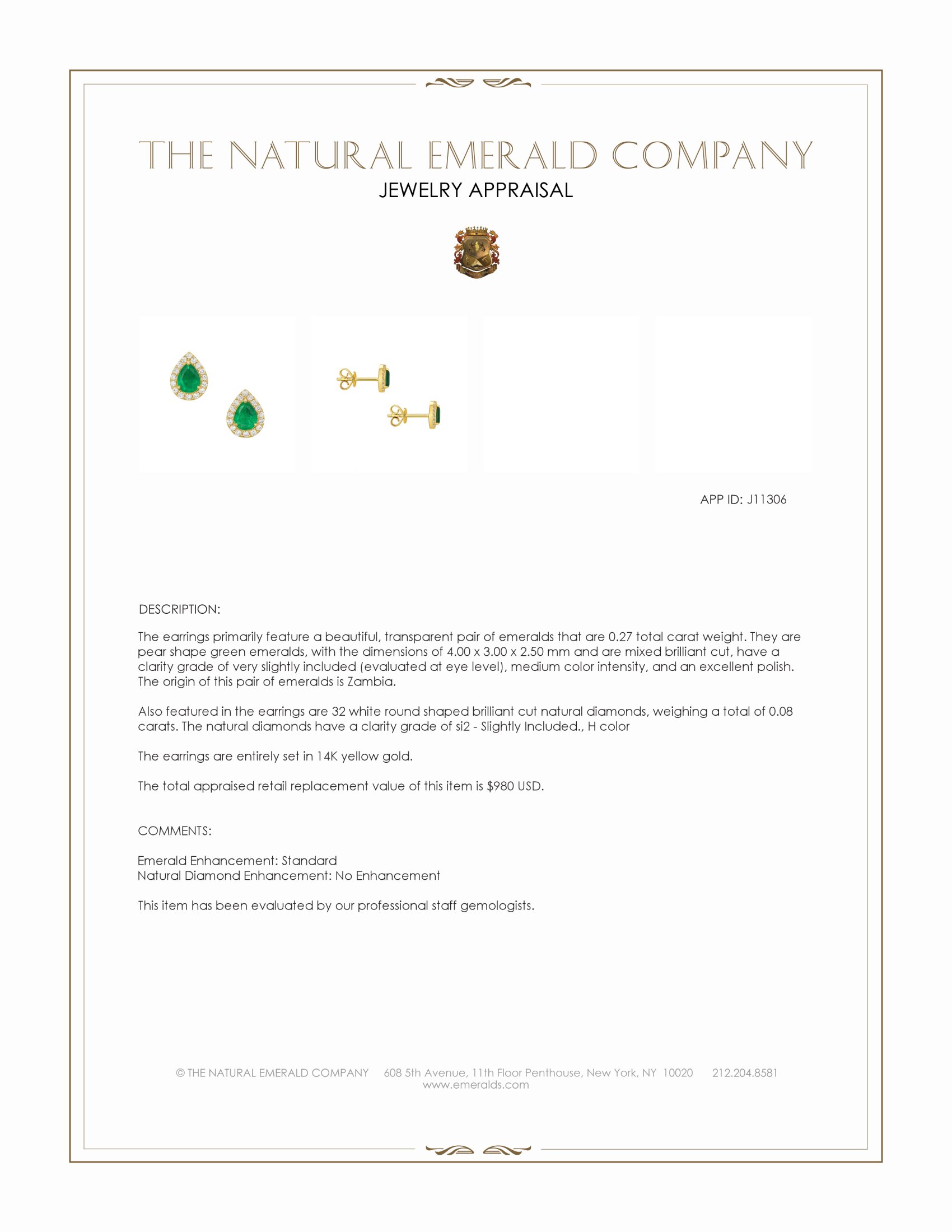 0.27 Ct.Tw. Emerald and Natural Diamond Studs Earrings, 14K Yellow Gold