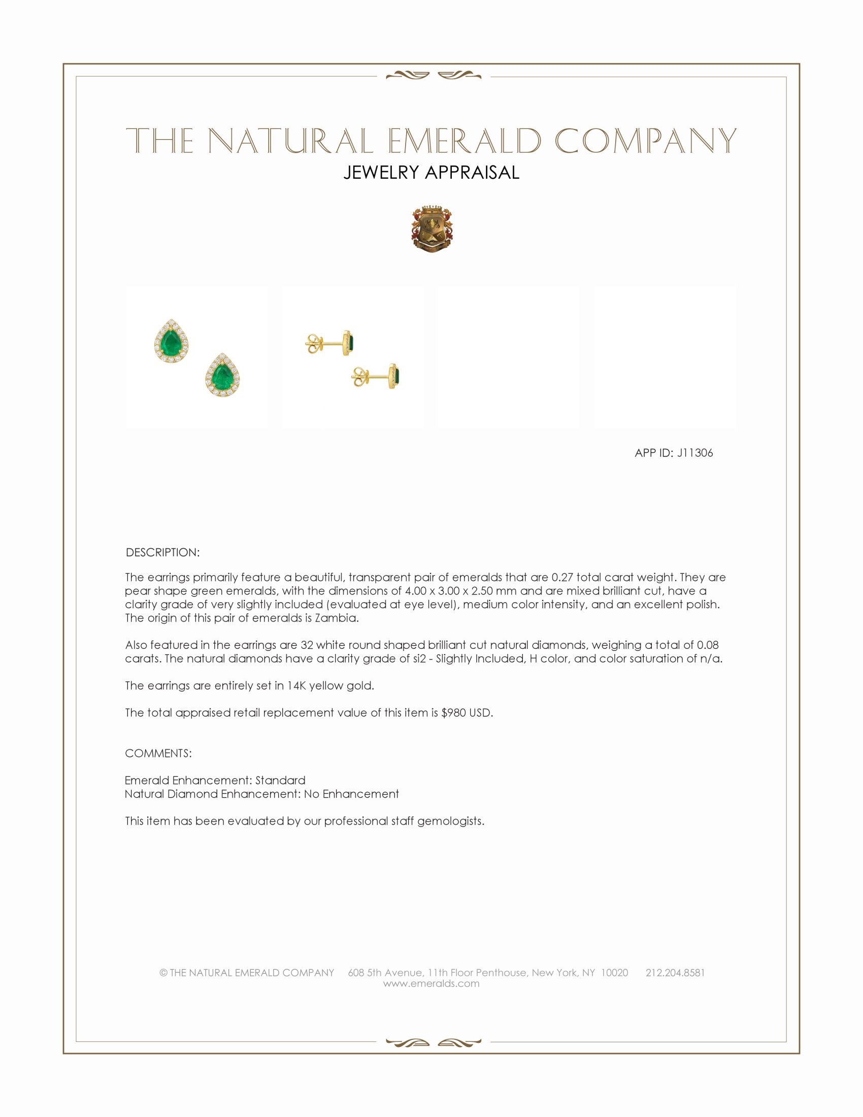 0.27 Ct.Tw. Emerald and Natural Diamond Studs Earrings, 14K Yellow Gold