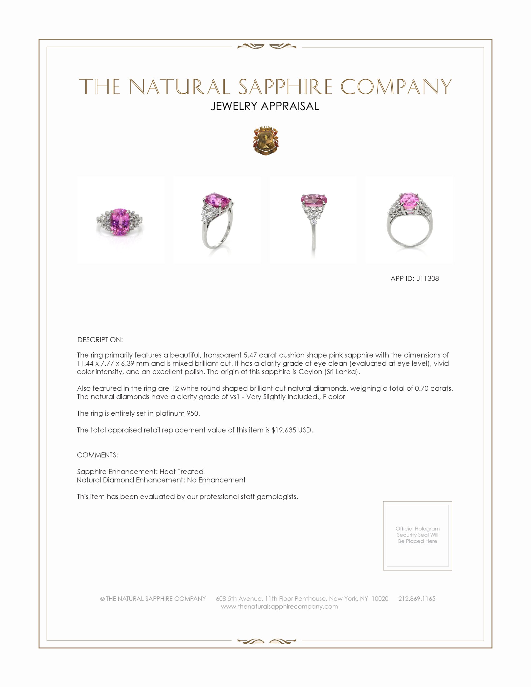 5.47 Ct. Pink Sapphire and Natural Diamond Accent Stones Ring, Platinum 950