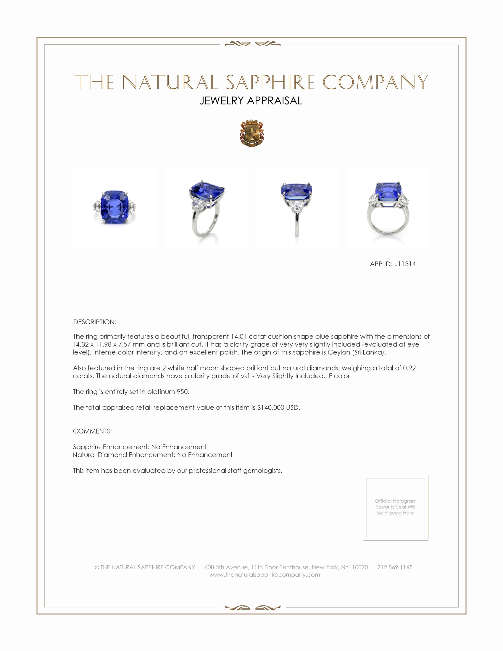 14.01 Ct. Blue Sapphire and Natural Diamond Three Stone Ring, 14K White Gold