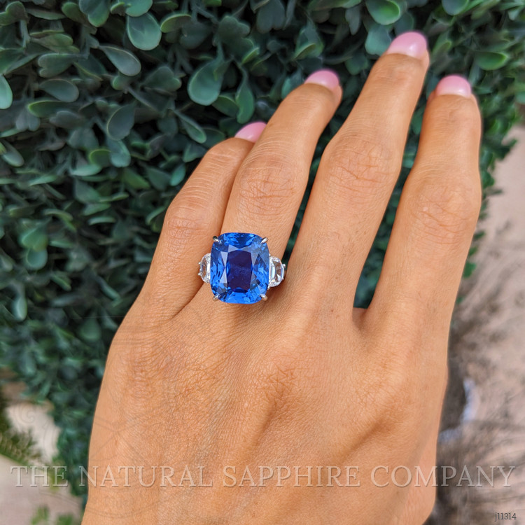 14.01 Ct. Blue Sapphire and Natural Diamond Three Stone Ring, Platinum 950