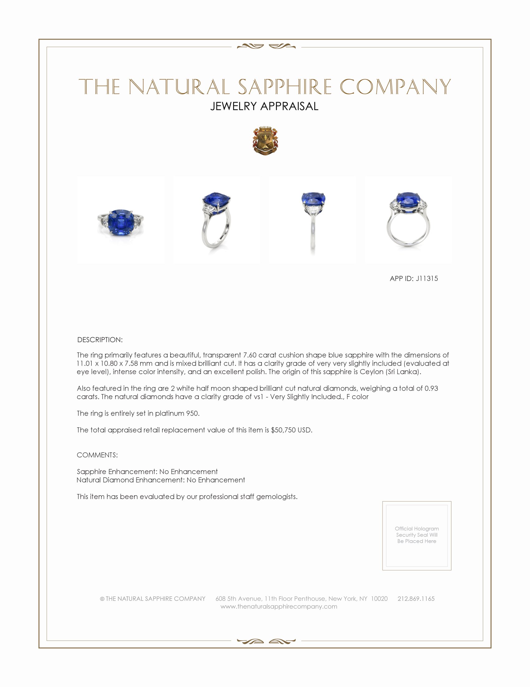 7.60 Ct. Blue Sapphire and Natural Diamond Three Stone Ring, Platinum 950