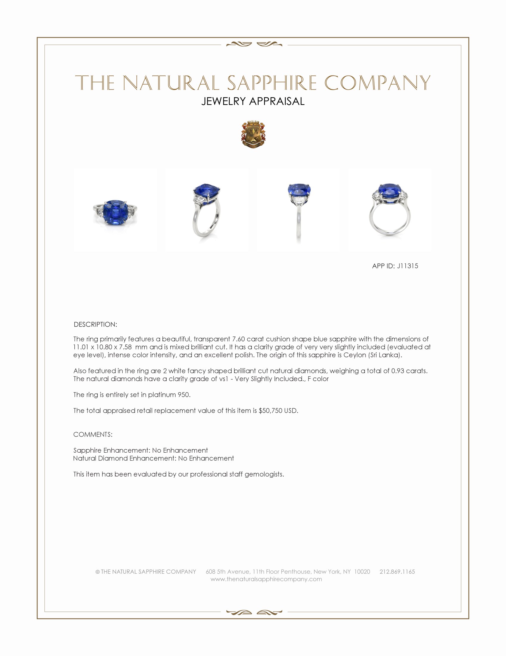 7.60 Ct. Blue Sapphire and Natural Diamond Three Stone Ring, Platinum 950