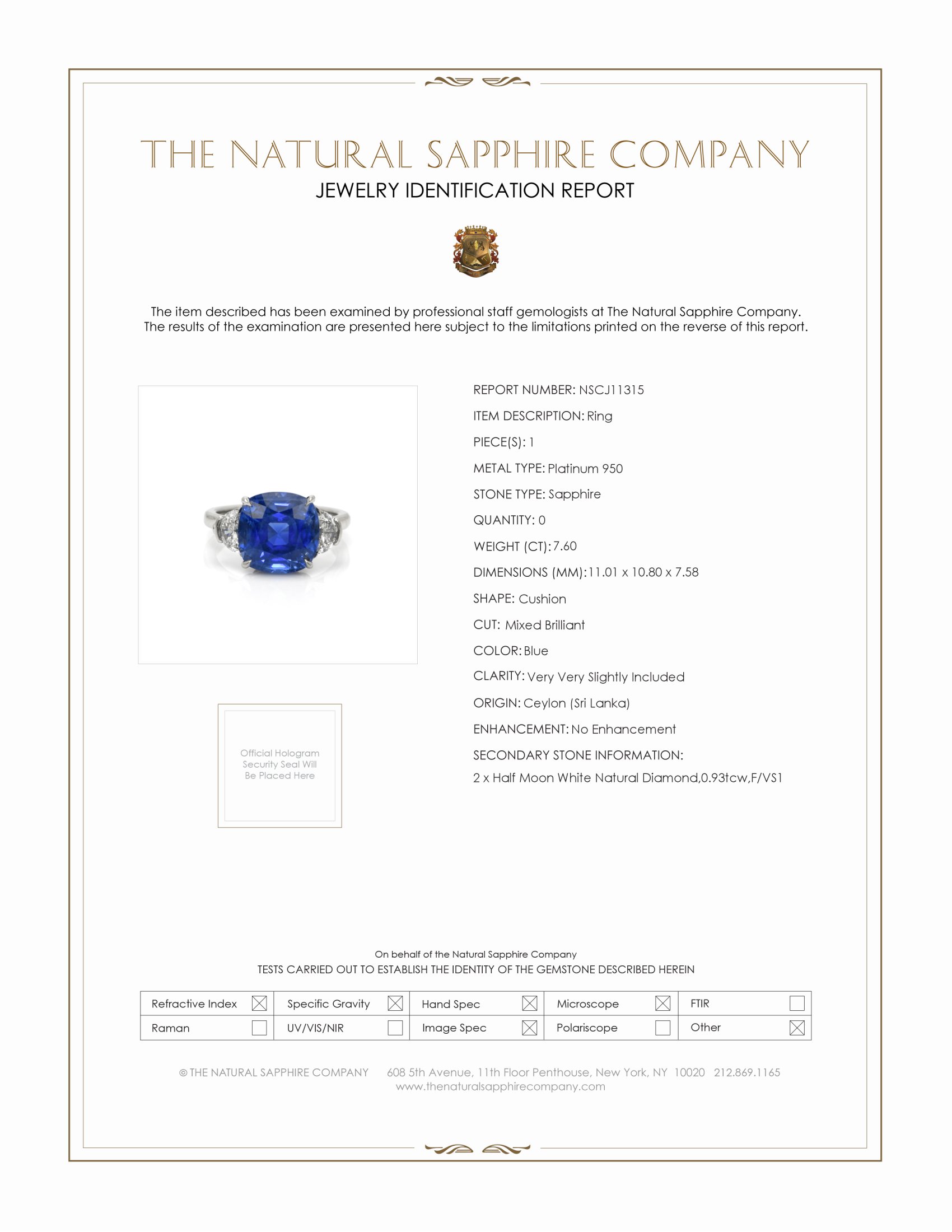 7.60 Ct. Blue Sapphire and Natural Diamond Three Stone Ring, Platinum 950