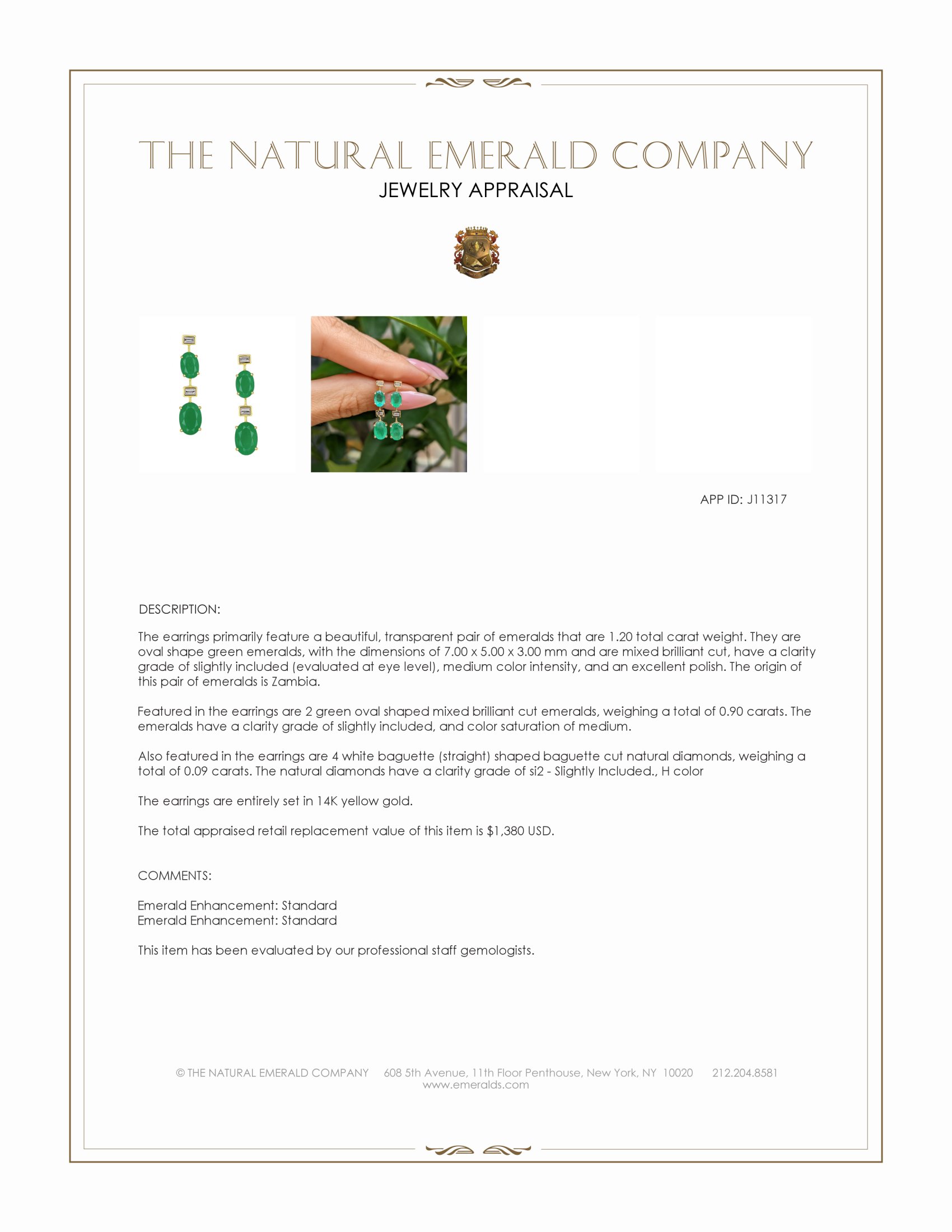 1.20 Ct.Tw. Emerald and Natural Diamond Drops Earrings, 14K Yellow Gold