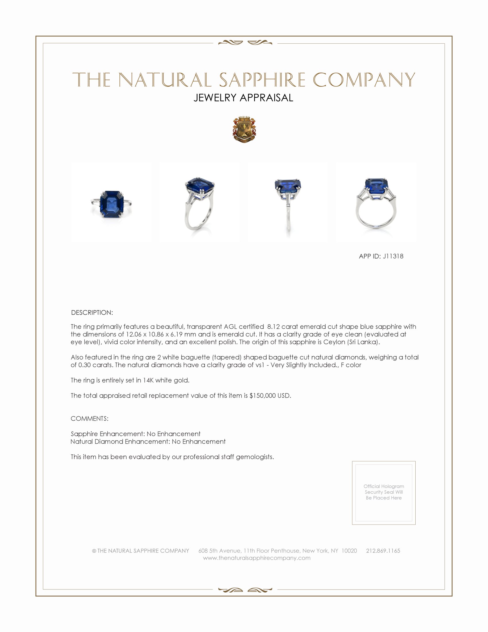 8.12 Ct. Blue Sapphire and Natural Diamond Three Stone Ring, 14K White Gold