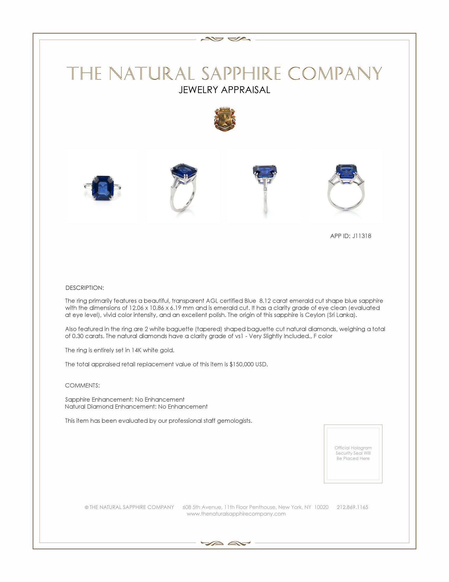 8.12 Ct. Blue Sapphire and Natural Diamond Three Stone Ring, 14K White Gold