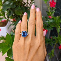 8.12 Ct. Blue Sapphire and Natural Diamond Three Stone Ring, 14K White Gold Life Style